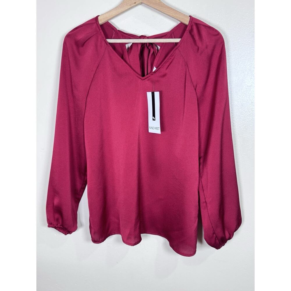 NWT Nine West Womens Blouse Bow Red V Back Satin Holiday Party Career Office XS